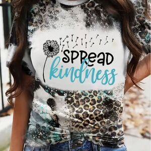 NEW! Boho Spread Kindness Graphic Print T Shirt Dandelion Trendy Leopard Cow
